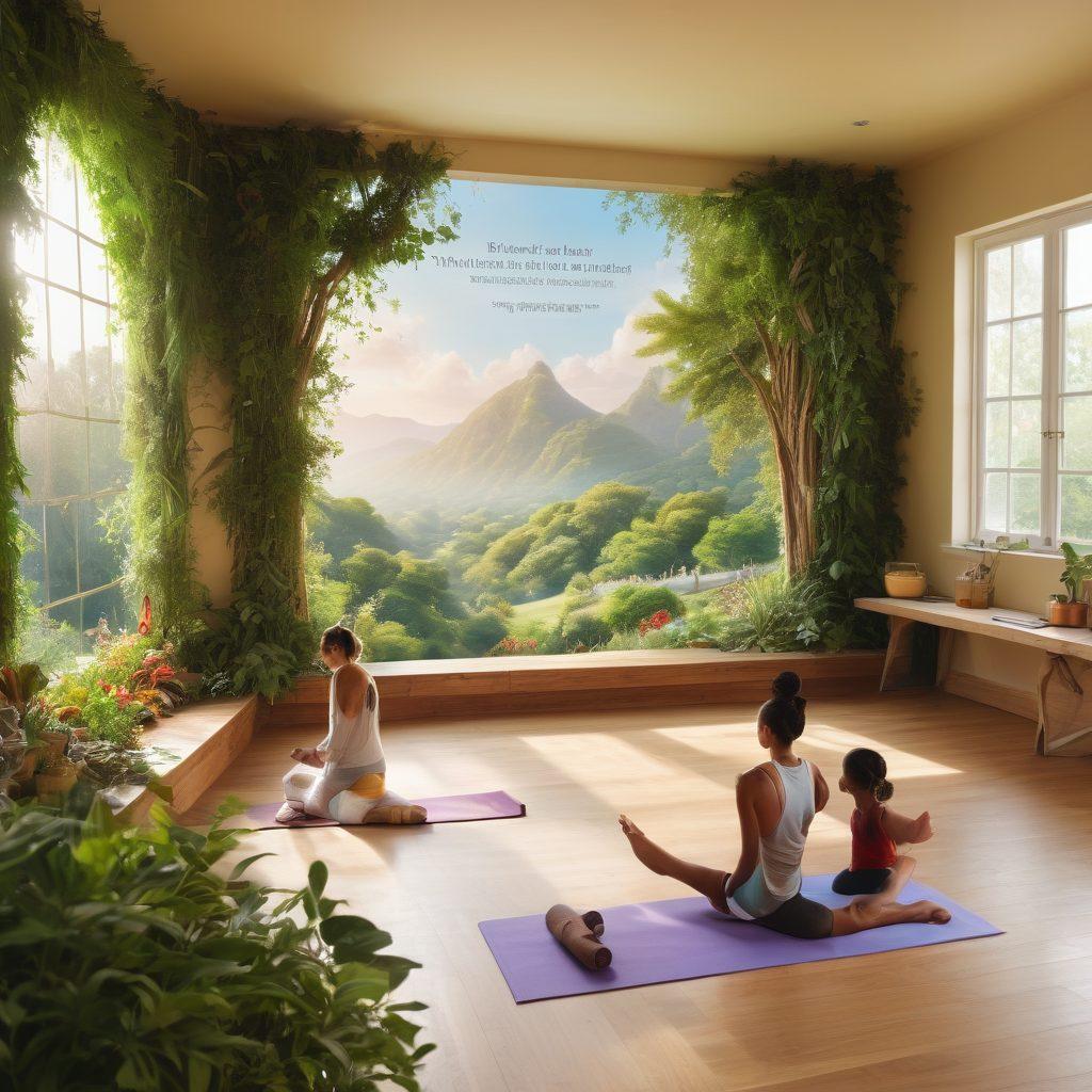 A serene landscape featuring a diverse group of individuals engaging in various wellness activities, such as yoga, meditation, and healthy cooking. In the foreground, a professional mentor guides a young adult, symbolizing empowerment through knowledge. Soft, warm light filters through lush greenery, embodying health and vitality. The background includes a mural of inspirational quotes about well-being and personal growth. vibrant colors. tranquil atmosphere. super-realistic.