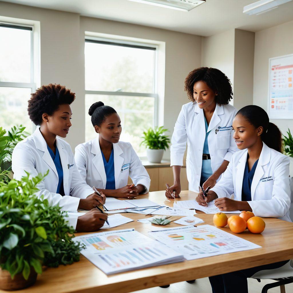 A serene atmosphere featuring a diverse group of healthcare professionals discussing wellness in a bright, airy office filled with plants and natural light. Include elements like charts showing healthy habits, fresh fruits on a table, and a glowing light to symbolize enlightenment and understanding. Their expressions should convey positivity and trust. super-realistic. vibrant colors. natural light.