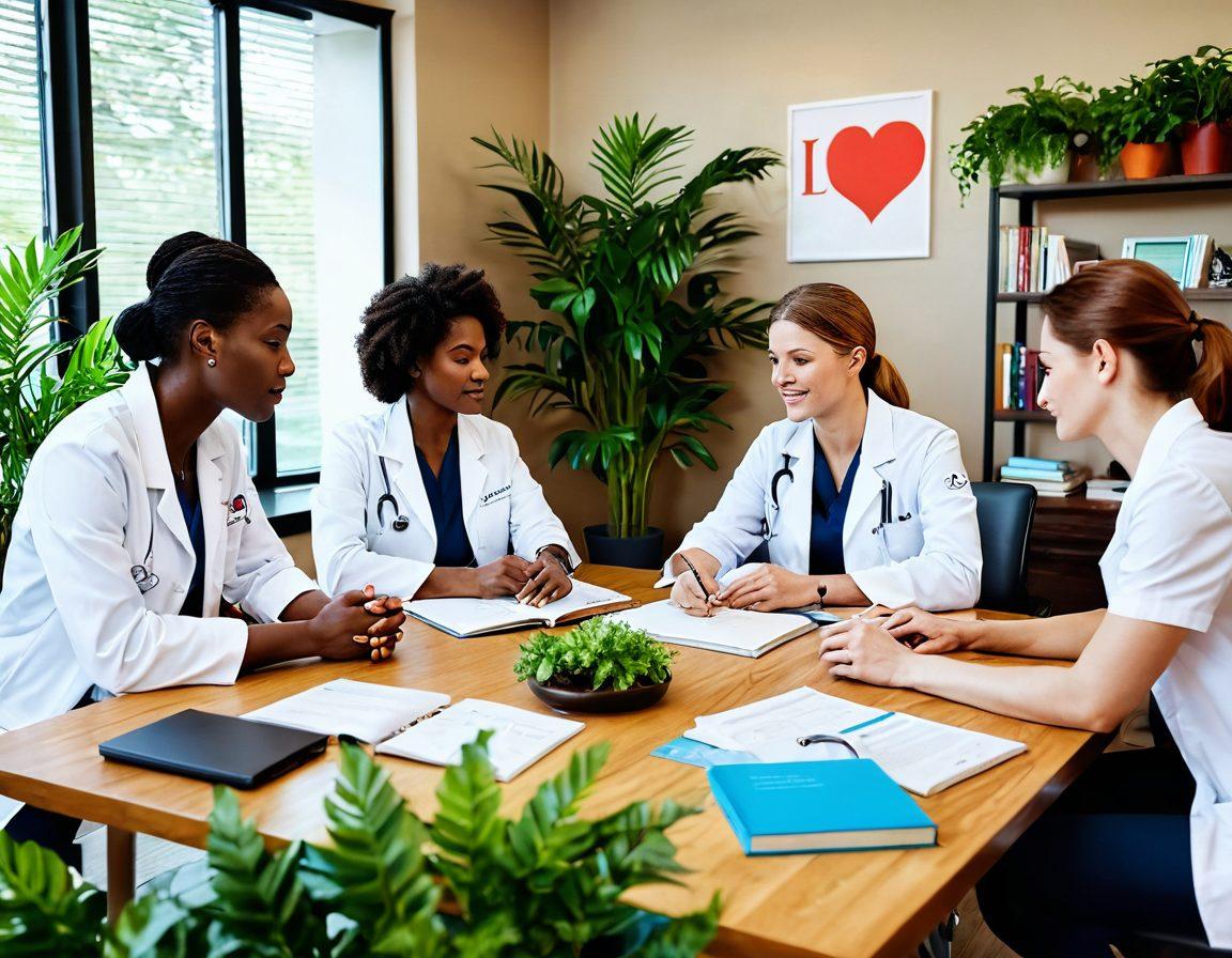 An inviting health consultation scene featuring a diverse group of healthcare professionals sharing insights around a table, surrounded by vibrant plants and wellness materials. Include elements like a heart monitor, medical books, and healthy food options elegantly displayed. The atmosphere is warm and welcoming, suggesting collaboration and support for optimal wellness. super-realistic, vibrant colors, soft lighting.